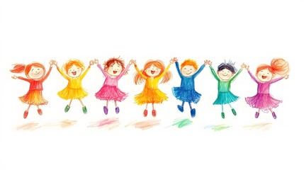 Fototapeta premium Cute cartoon children's drawing of many happy kids holding hands and jumping, white background, colorful , simple hand drawn style,