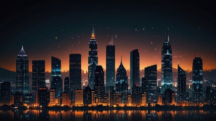 Obraz premium Night City Skyline Illuminated Buildings Glowing