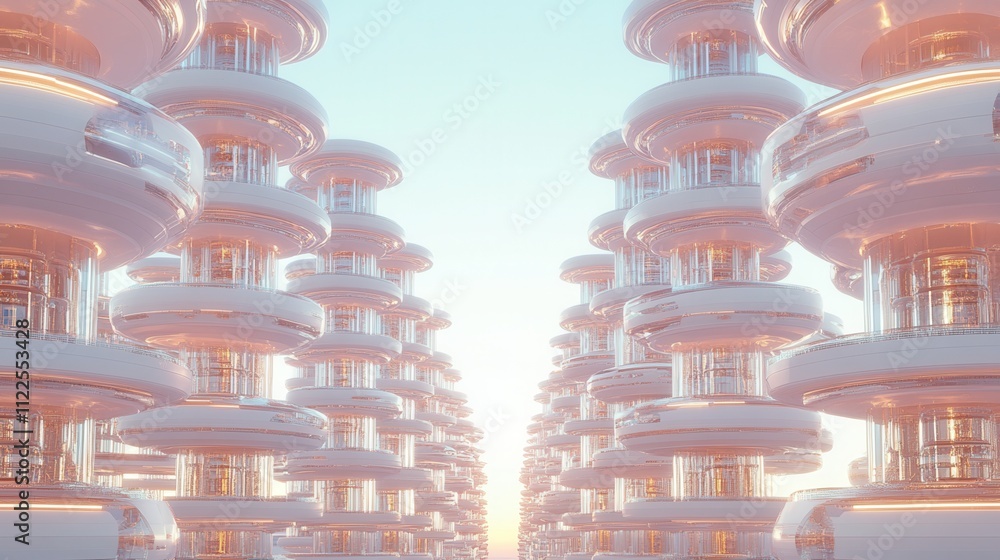Poster a futuristic cityscape featuring sleek, glowing structures with layered designs, creating a surreal 