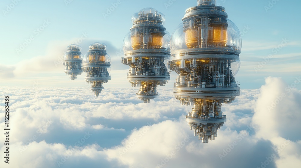 Poster a futuristic scene featuring floating structures above clouds, showcasing advanced technology and a 