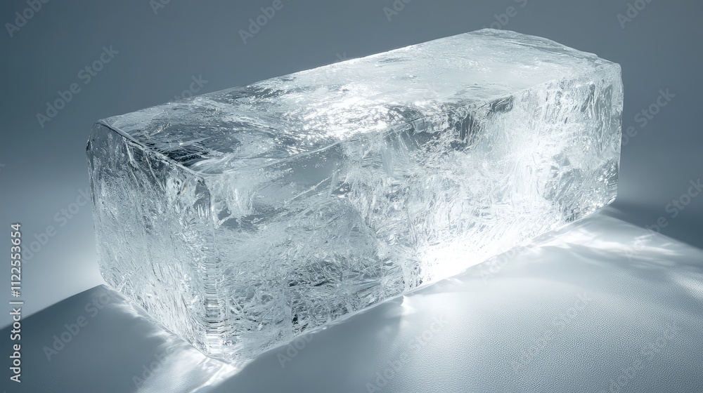 Poster a close-up of a transparent ice block with internal air bubbles and fine cracks, glowing under diffu