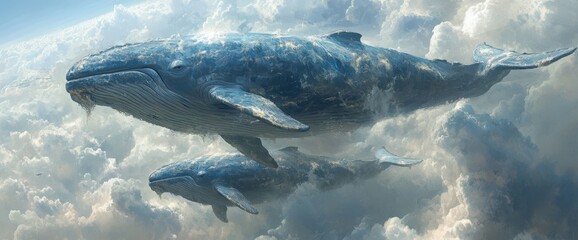 Fototapeta premium Two majestic whales soar through a dreamy, surreal sky, their forms partially obscured by clouds, creating a mystical and ethereal scene.