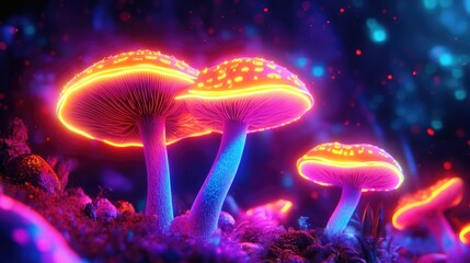 Abstract phychedelic mushroom in colorful neon lights.