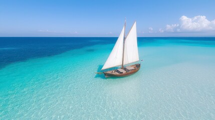 Fototapeta premium Sailboat in Turquoise Water Aerial View Tropical Ocean Summer Vacation