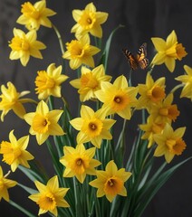 Bright yellow daffodils arranged in a loose, organic bouquet with a large butterfly perched on the stem , floral art, fresh cut flowers