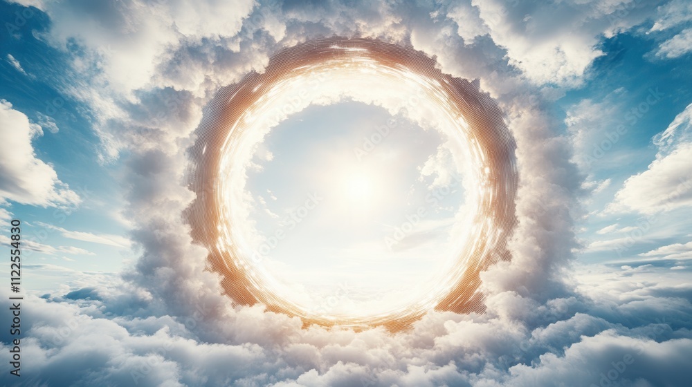 Poster a stunning circular light formation emerges from clouds, creating a surreal atmosphere and a captiva