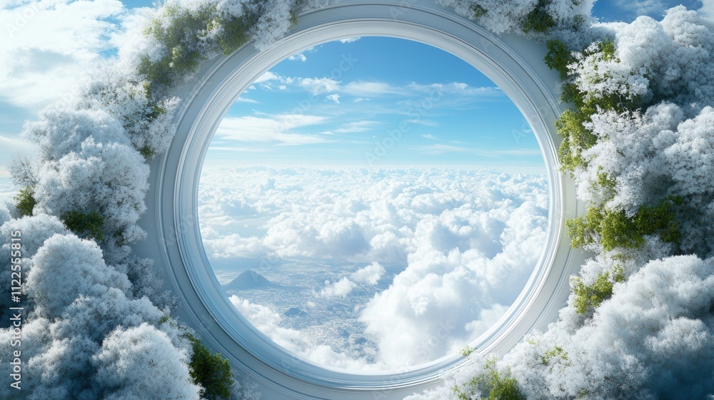 Aufkleber a circular view of a serene sky surrounded by soft clouds and greenery, creating a peaceful and drea