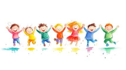 Fototapeta premium Cute cartoon children's drawing of many happy kids holding hands and jumping, white background, colorful , simple hand drawn style,
