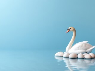 Obraz premium Serene Swan Gliding Gracefully on Calm Blue Water Background
