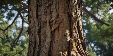 Fototapeta premium detailed view of a pine tree's trunk and branches, pine trunk, coniferous wood, branch details