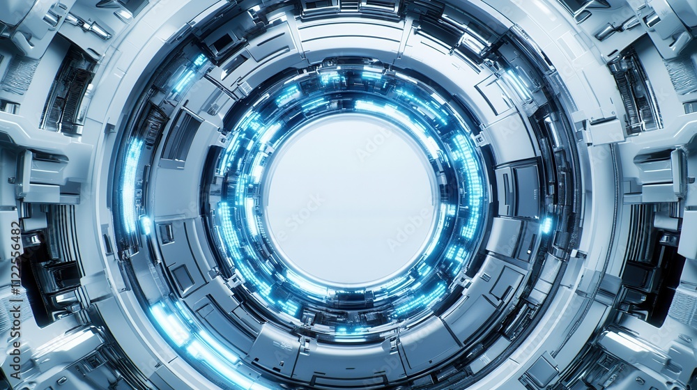 Poster a futuristic circular structure illuminated with blue lights, resembling a portal or high-tech inter