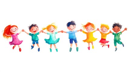 Obraz premium Cute cartoon children's drawing of many happy kids holding hands and jumping, white background, colorful , simple hand drawn style,