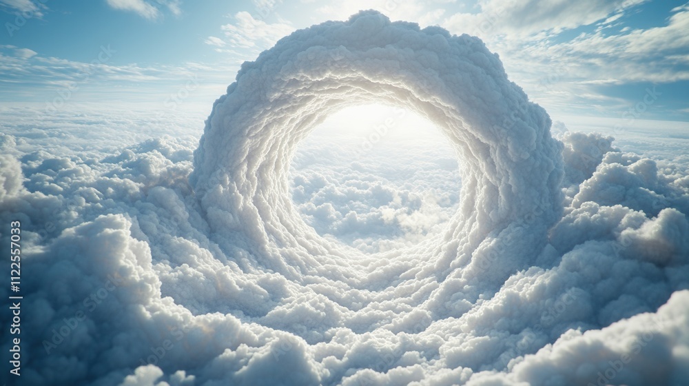 Poster a breathtaking view of a circular opening in the clouds, illuminated by bright sunlight, creating a 
