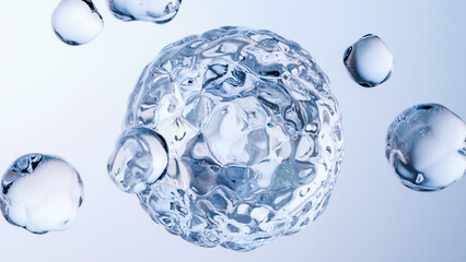 Essential Oil Bubbles for cosmetics in water. blue liquid bubbles, fluid flow. Collagen, atoms floating, Moisturizing Cream, Skin Serum, Vitamin, beauty concept, Realistic Drops, Molecule, 3d render