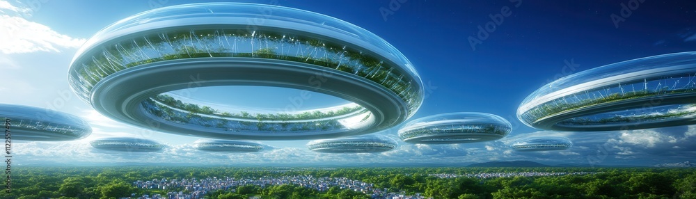 Poster futuristic structures resembling hovering rings are set against a bright sky, creating a vision of a