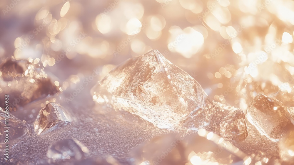 Poster a close-up of ice reflecting soft sunlight, with sparkling highlights and translucent textures in an