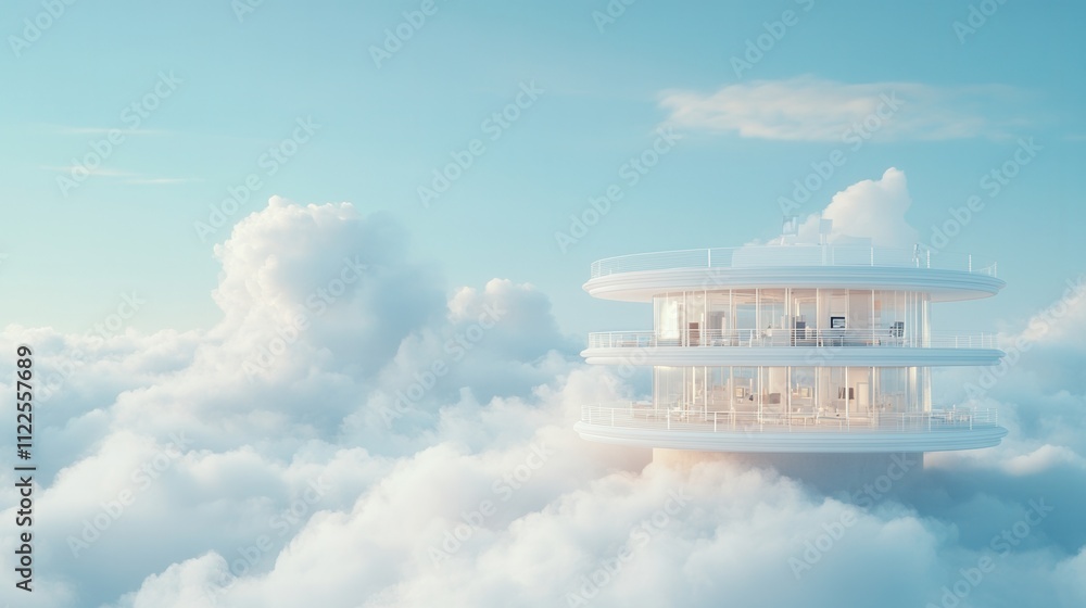 Poster a futuristic, floating structure rests atop fluffy clouds against a serene blue sky, blending archit