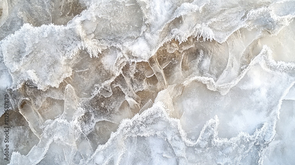 Poster a close-up of ice formations on a frozen river, featuring intricate frost patterns and small cracks 