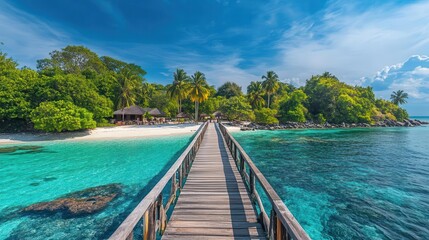 Travel image showing a wooden pier leading into the turquoise ocean on an exotic beach