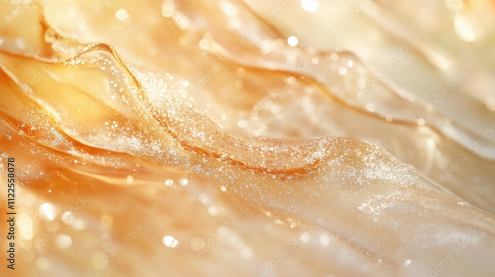 Poster a close-up of ice reflecting soft sunlight, with sparkling highlights and translucent textures in an