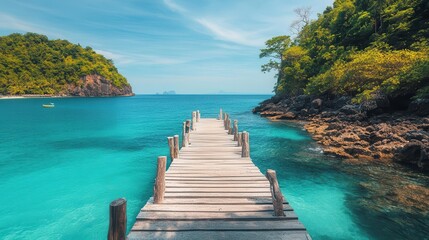 Fototapeta premium Travel image showing a wooden pier leading into the turquoise ocean on an exotic beach