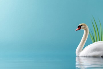 Fototapeta premium Serene Swan Gliding Gracefully on Calm Blue Background