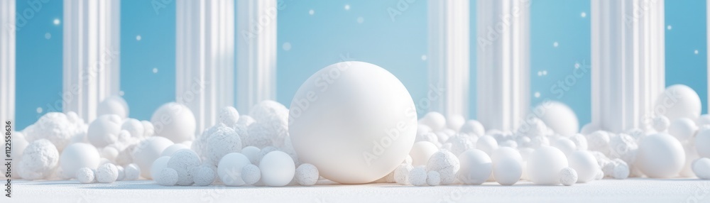 Poster a serene composition featuring white spheres amidst fluffy clouds, set against a soft blue backdrop 