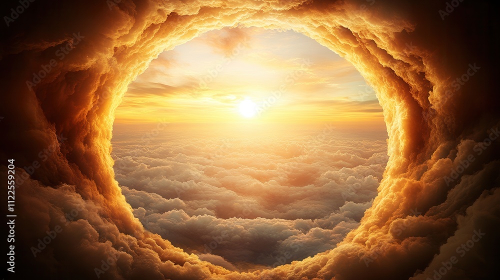Poster a breathtaking view of a sun setting through a circular opening in clouds, creating a warm, golden g