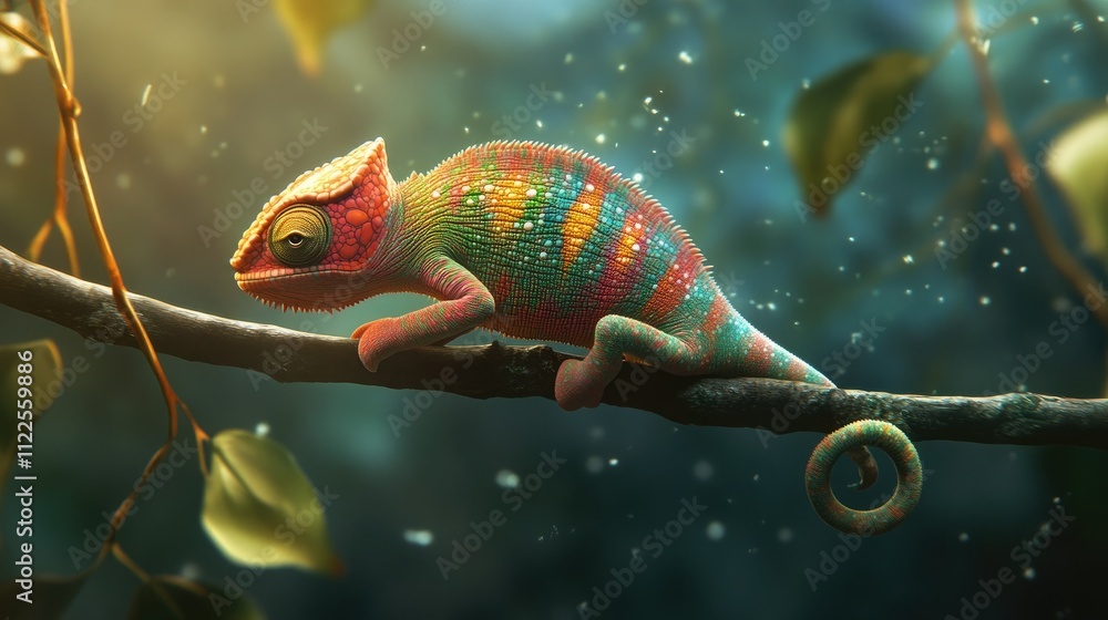 Poster a chameleon slowly crawling on a branch, its vivid colors contrasting with the muted background, per