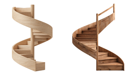 Two wooden spiral staircases, one modern and one rustic, isolated on white
