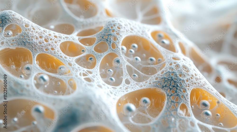 Poster a detailed image of microscopic ice growth, with interconnected lattices and tiny air bubbles trappe