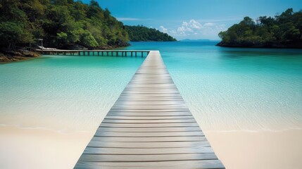 Fototapeta premium Travel image showing a wooden pier leading into the turquoise ocean on an exotic beach