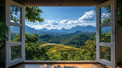 Fototapeta premium A scenic view of terraced fields and mountains framed by an open window.