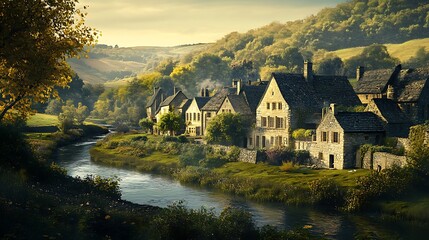 Fototapeta premium Stone Village Houses Beside A Tranquil River Valley