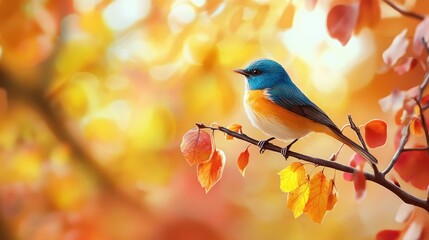 Fototapeta premium A colorful bird perched on a branch, surrounded by golden, orange, and red autumn leaves, evoking the peaceful essence of the fall season.