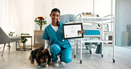Indian woman, portrait and nurse with service dog or certificate for healthcare aid or loyalty at hospital. Female person, happy caregiver and animal with frame for support or recognition at clinic