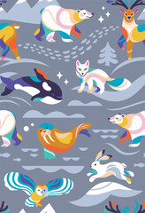 Obraz premium Snowy animals isolated on grey background. Pattern Design
