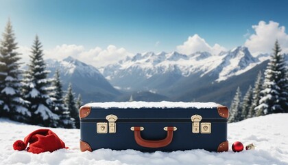 suitcase ready for holiday adventures amidst a snowy backdrop. Ideal for travel brochures, holiday greeting cards, or social media posts celebrating the spirit of the season!banner/web/design/flyer