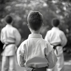 Fototapeta premium A young karateka stands in the back observing two fellow students in training.