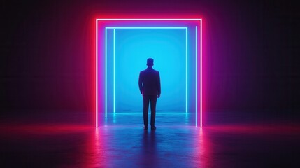 Obraz premium A silhouetted figure stands before a glowing neon frame, surrounded by a vibrant blue and pink light, creating a striking, futuristic atmosphere.