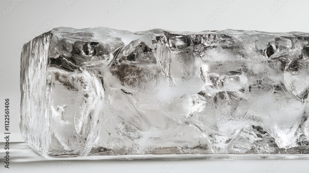 Poster a detailed shot of a transparent ice block, with frosted edges and subtle layers visible within its 