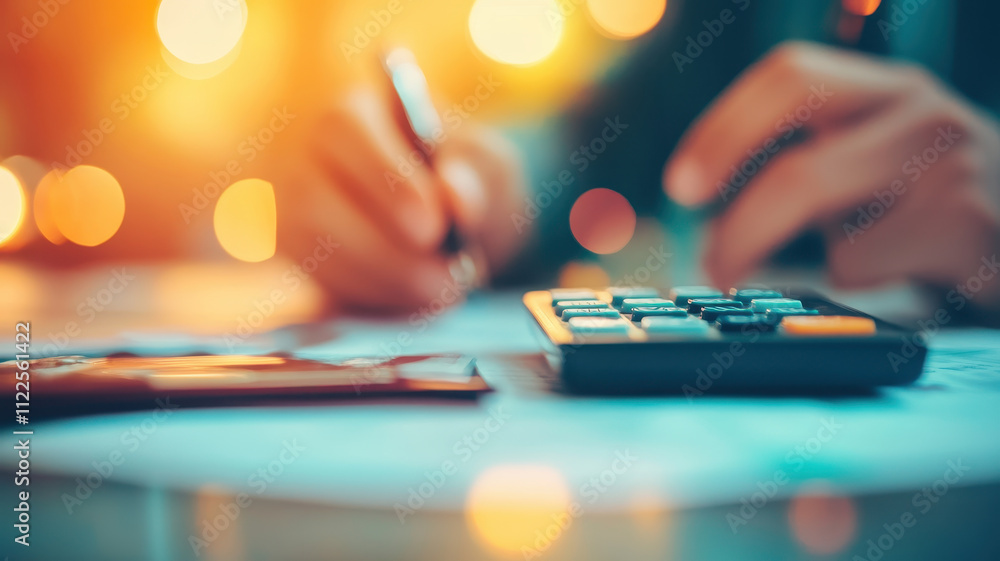 Poster blurred image of person using calculator and writing notes, symbolizing financial planning and discu