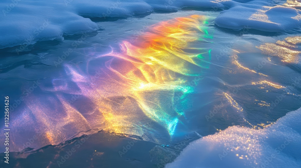 Poster a detailed shot of sunlight refracting through a clear ice layer, creating a rainbow-like effect acr