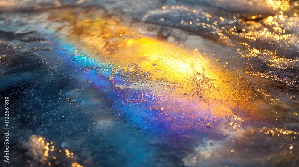 Poster a detailed shot of sunlight refracting through a clear ice layer, creating a rainbow-like effect acr