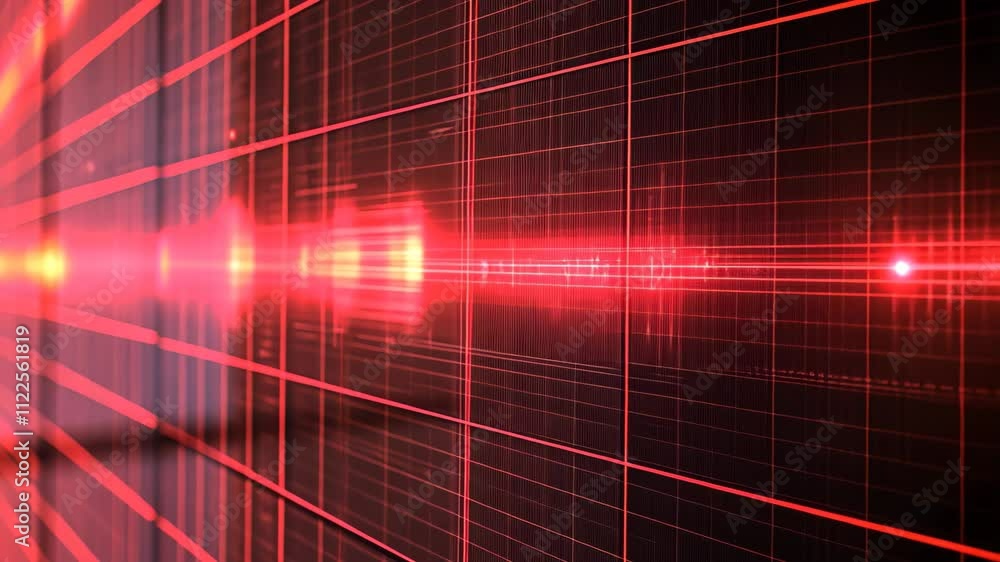Poster a video of a red and black wall with squares on it, creating a visually striking geometric pattern, 