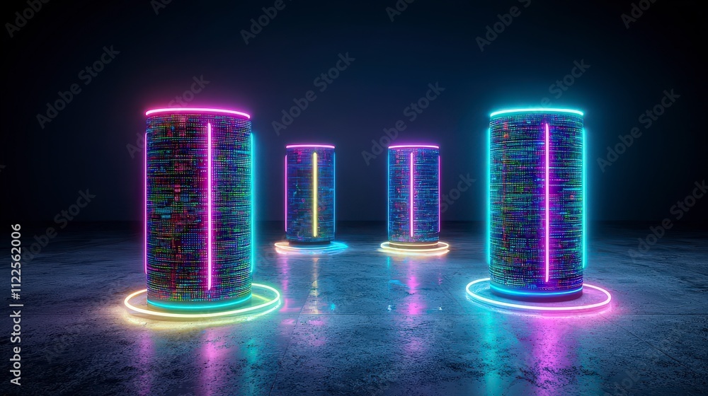 Aufkleber futuristic neon data centers cloud computing digital storage server racks network tech