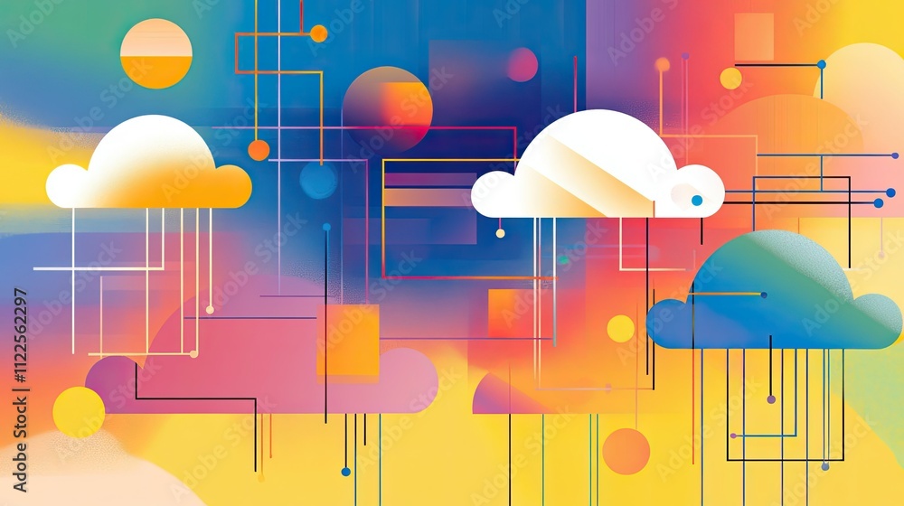 Poster a high-tech digital illustration showing cloud data, network connections, and geometric shapes, symb
