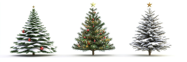 Fototapeta premium Trifecta of Christmas Trees: Diverse Styles Isolated on White, Ornamented and Unadorned, High-Resolution Greenery