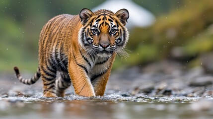Fototapeta premium Majestic Tiger Cub Walking Through River Snowy Mountains Background