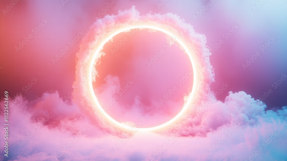 Poster a glowing circular portal surrounded by colorful clouds, creating a mystical and ethereal atmosphere